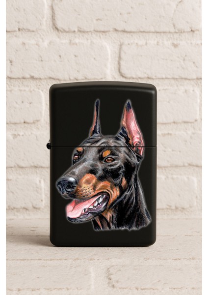 Uv Baskılı Desenli Metal Benzinli Siyah Çakmak Cep Çakmağı - Doberman