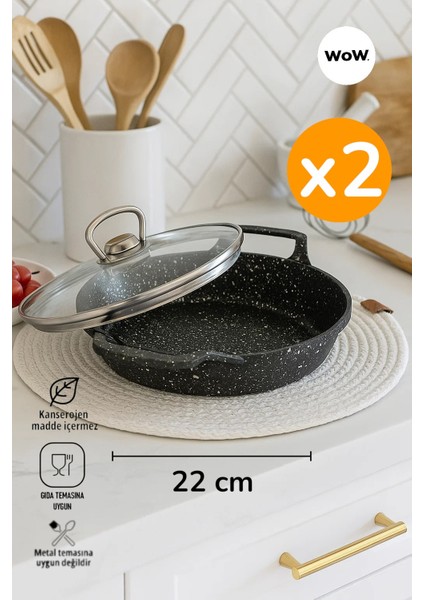 2'li Set Döküm Granit 22 cm Kapaklı Sahan Tava