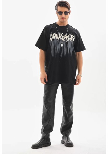 Unisex Oversize Kolye Dahil T-Shirt - Siyah indirimleri