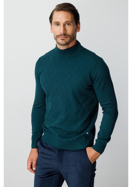 Petrol Standart Fit Dar Kalıp Yarım Balıkçı Düz Uzun Kollu Triko