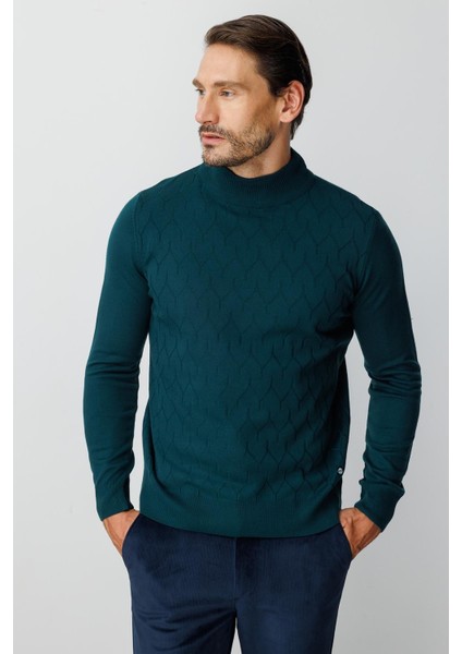 Petrol Standart Fit Dar Kalıp Yarım Balıkçı Düz Uzun Kollu Triko fiyatları