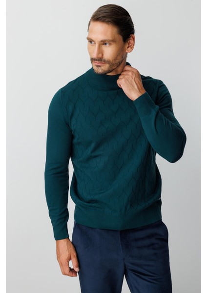 Petrol Standart Fit Dar Kalıp Yarım Balıkçı Düz Uzun Kollu Triko