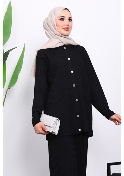 Siyah Gömlek Yaka Düğmeli Pantolonlu Triko Takım modelleri