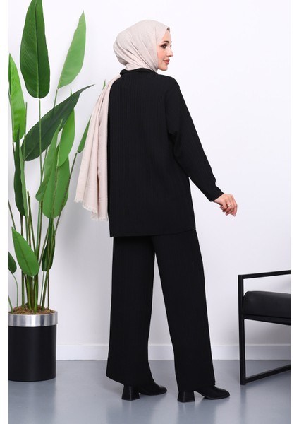 Siyah Gömlek Yaka Düğmeli Pantolonlu Triko Takım fırsatları