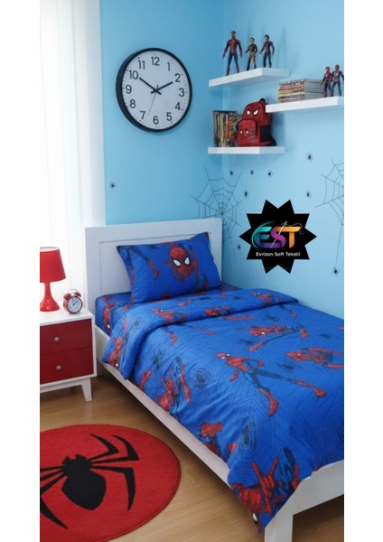 Erkek Çocuk Örümcek Adam Mavi Çarşaflı Tek Kişilik Nevresim Takımı