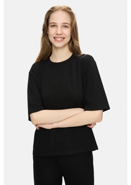 Jayla Siyah Bisiklet Yaka Gofre Baskı Loose Fit Kadın Tshirt