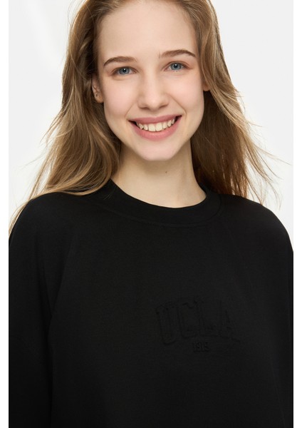 Jayla Siyah Bisiklet Yaka Gofre Baskı Loose Fit Kadın Tshirt fiyatları