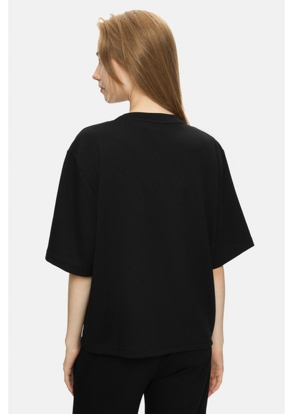 Jayla Siyah Bisiklet Yaka Gofre Baskı Loose Fit Kadın Tshirt modelleri