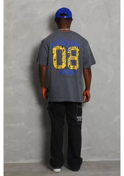 Unisex Oversize Baskılı Bisiklet Yaka T-Shirt - Füme modelleri