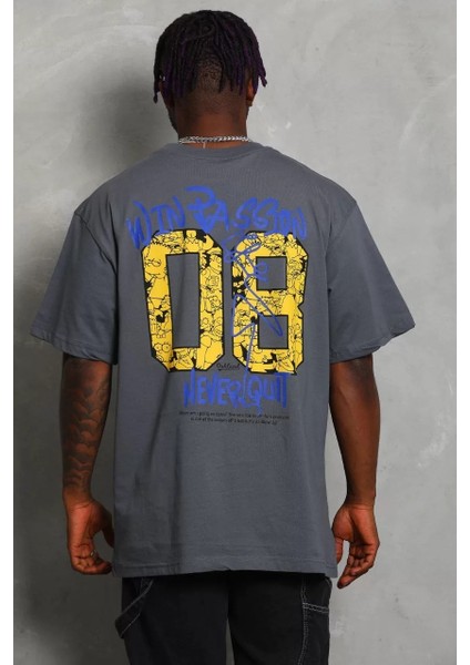 Unisex Oversize Baskılı Bisiklet Yaka T-Shirt - Füme fırsatları