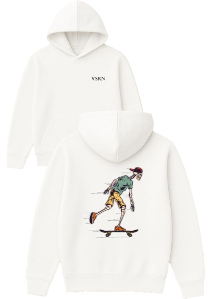 Kaykaycı Iskelet Adam Tasarım Baskılı Oversize Beyaz Kapüşonlu Sweatshirt