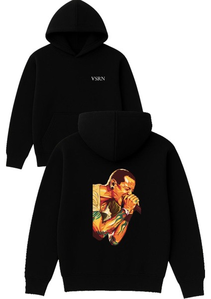 Şarkıcı Tasarım Baskılı Oversize Siyah Kapüşonlu Sweatshirt