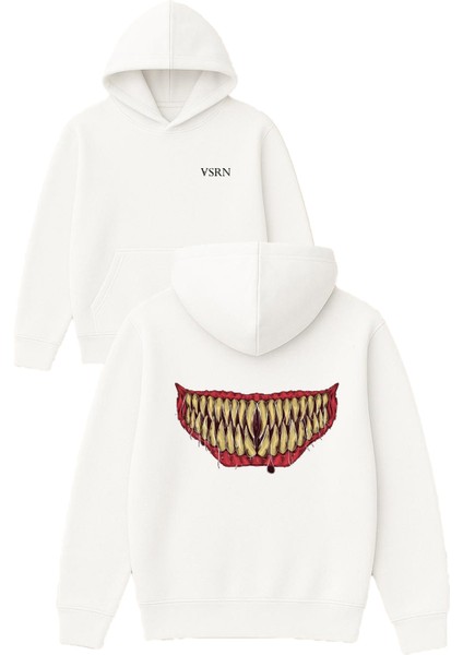 Canavar Dişleri Tasarım Baskılı Oversize Beyaz Kapüşonlu Sweatshirt