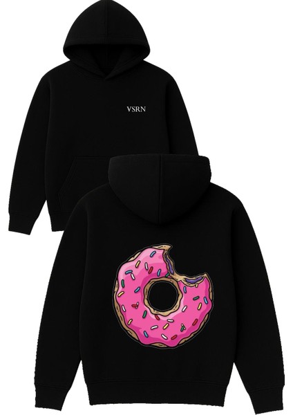 Isırılmış Donat Tasarım Baskılı Oversize Siyah Kapüşonlu Sweatshirt