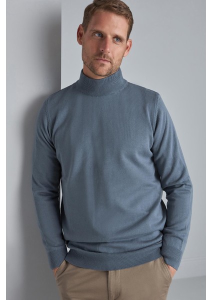 Petrol Standart Fit Dar Kalıp Yarım Balıkçı Düz Uzun Kollu Triko