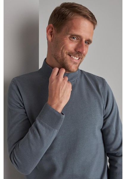 Petrol Standart Fit Dar Kalıp Yarım Balıkçı Düz Uzun Kollu Triko fiyatları