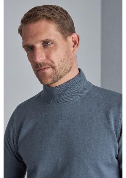 Petrol Standart Fit Dar Kalıp Yarım Balıkçı Düz Uzun Kollu Triko modelleri