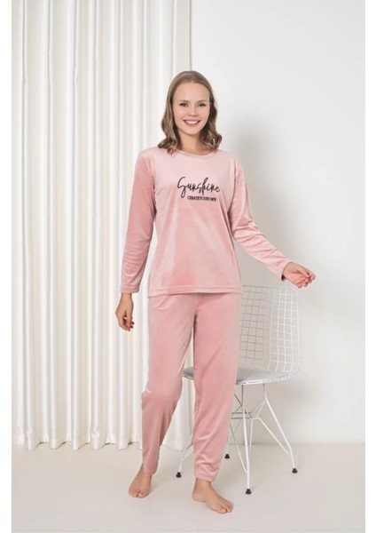 Elit Lüx Kadife Kadın Pijama Takım Pudra Xl