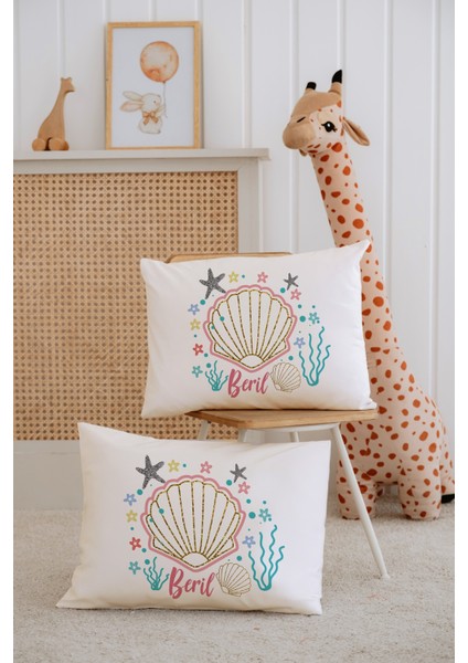 %100 Pamuk Isme Özel 2li Ekru Bebek Yastık Kılıfı 35X45 Cm-Deniz Yıldızı