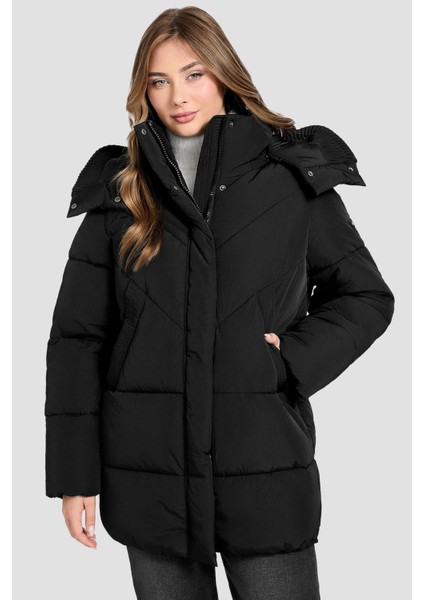 Kadın Eleonor Büzgü Detaylı Kapüşonlu Şişme Mont - Siyah fırsatları