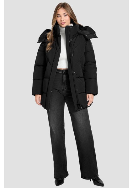 Kadın Eleonor Büzgü Detaylı Kapüşonlu Şişme Mont - Siyah indirimleri