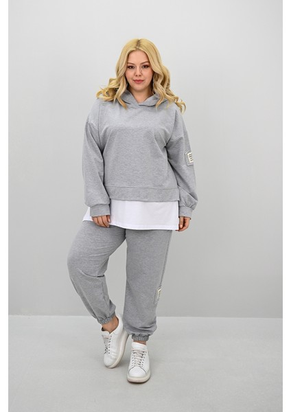 Kadın Büyük Beden Uzun Kollu Kapüşonlu Lastik Paça Eşofman Takımı 8180-25 (4253K)