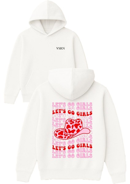Lets Go Girls Pembe Tasarım Baskılı Oversize Beyaz Kapüşonlu Sweatshirt
