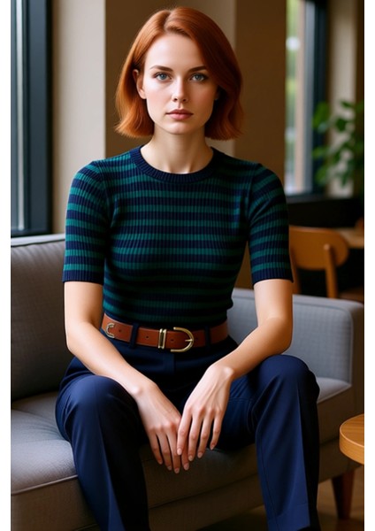 Kadın Moda Şık Üst Giyim Regular Bisiklet Yaka Regular Kalıp Triko Basic Çizgili Kazak