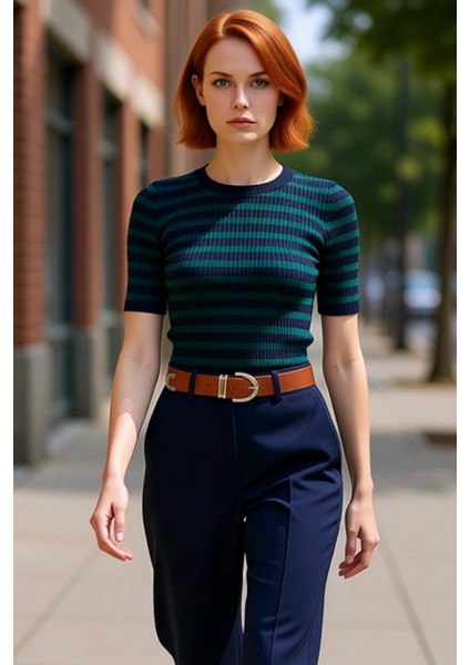 Kadın Moda Şık Üst Giyim Regular Bisiklet Yaka Regular Kalıp Triko Basic Çizgili Kazak fırsatları