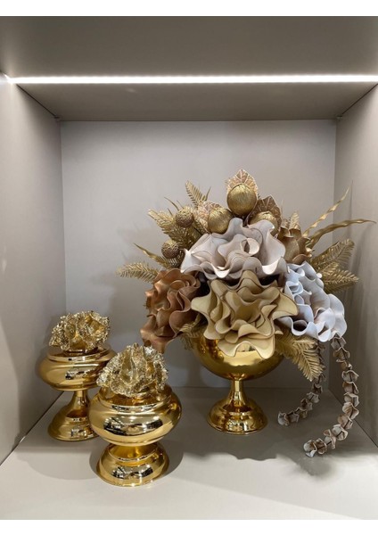 Yapay Çiçekli Gold Yuvarlak Vazo 3 Parça Set No:3