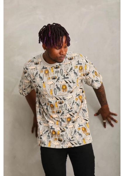 Unisex Oversize Baskılı Bisiklet Yaka T-Shirt - Gri indirimleri