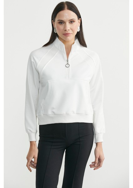 Dik Yaka Kanguru Cepli Crop Sweatshirt - Krem