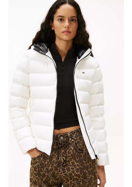 Kadın Dar Kalıp Kapüşonlu Kaz Tüyü Mont - Ekru