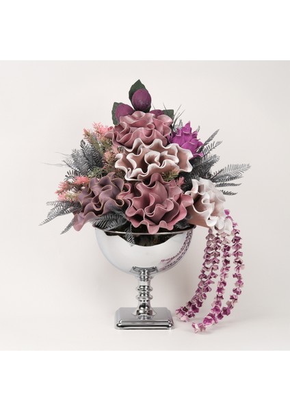 Yapay Çiçekli Gümüş Kare Ayaklı Vazo No:18