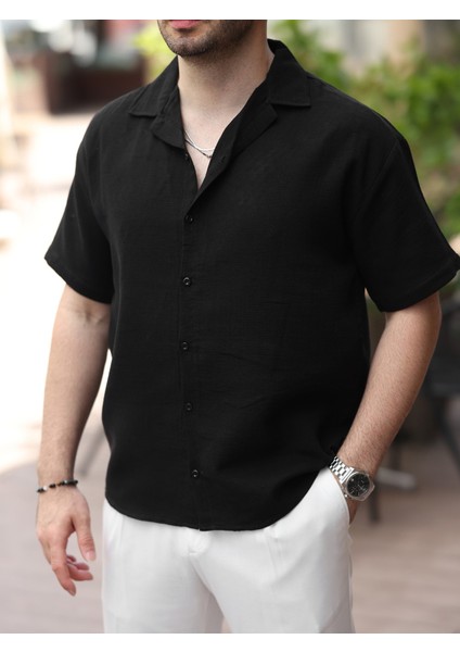 Erkek Relax Fit Kısa Kollu Keten Gömlek