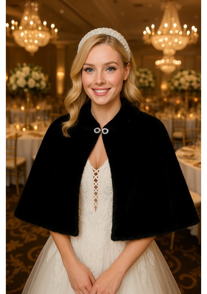 Uzun Broşlu Kürk Etol Gelin Bolero Siyah Standart Ebat