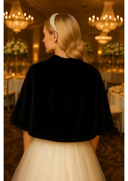 Uzun Broşlu Kürk Etol Gelin Bolero Siyah Standart Ebat fiyatları