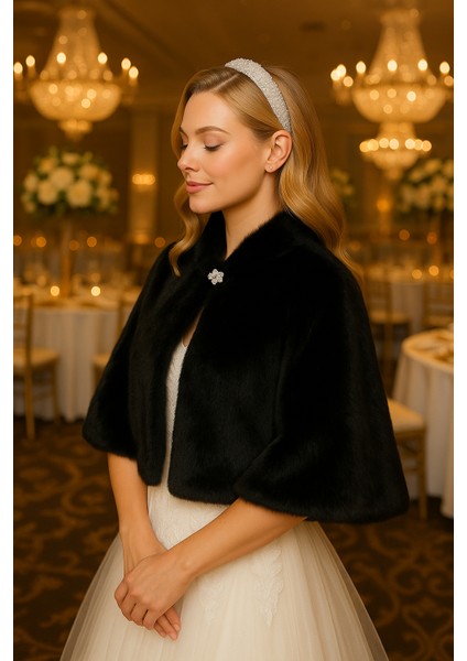 Uzun Broşlu Kürk Etol Gelin Bolero Siyah Standart Ebat modelleri