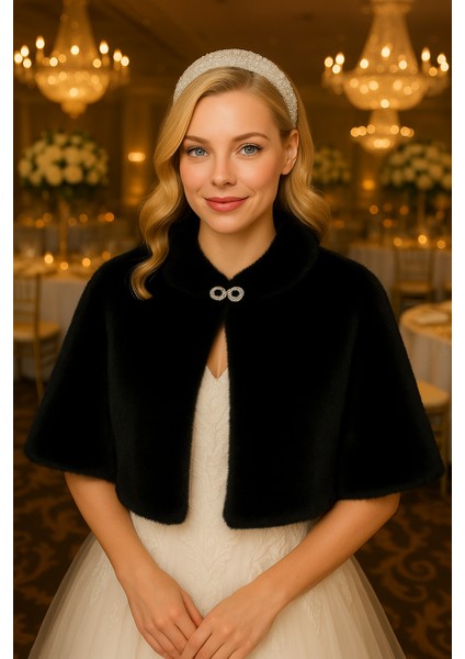 Uzun Broşlu Kürk Etol Gelin Bolero Siyah Standart Ebat fırsatları