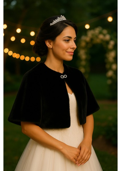 Uzun Broşlu Kürk Etol Gelin Bolero Siyah Standart Ebat