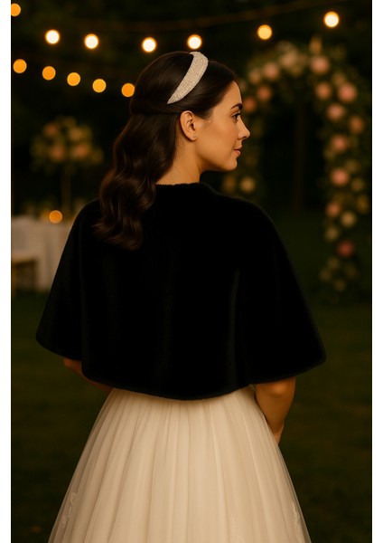 Uzun Broşlu Kürk Etol Gelin Bolero Siyah Standart Ebat