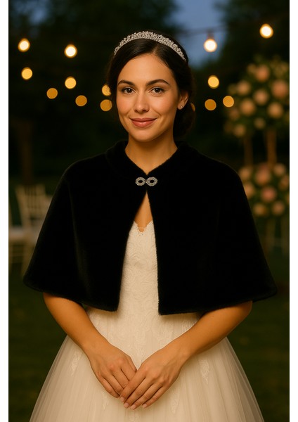 Uzun Broşlu Kürk Etol Gelin Bolero Siyah Standart Ebat