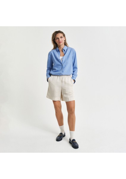 Kadın Krem Relaxed Fit Keten Şort