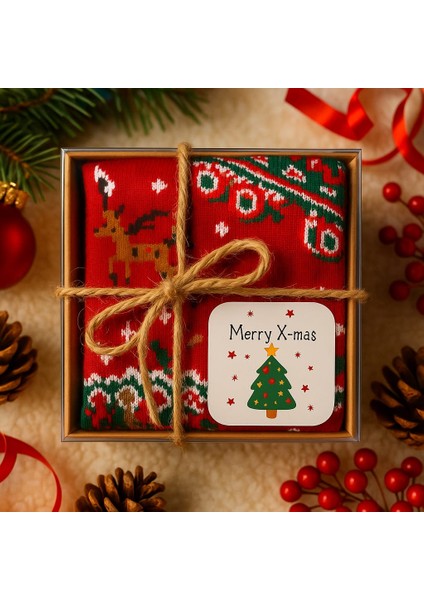 Asetat Kutulu Yılbaşı Hediyesi-Şık Ambalajında Renkli Kış Çorabı