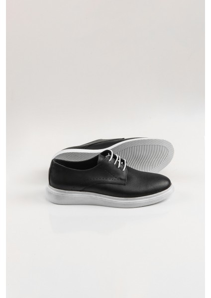 Erkek Deri %100 Ayakkab? Siyah Beyaz Tabanl? Beyaz Ba?c?kl? Nokta Desenli Siyah Erkek Ayakkab?s?