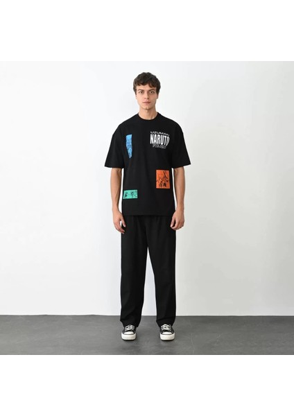 Unisex Bisiklet Yaka Baskılı Oversize T-Shirt - Siyah