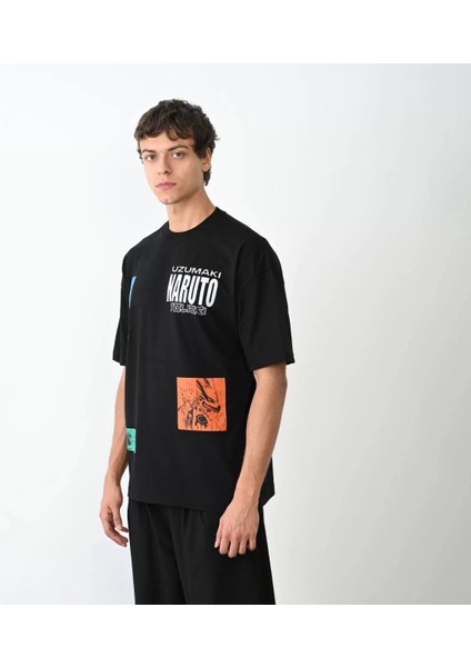 Unisex Bisiklet Yaka Baskılı Oversize T-Shirt - Siyah fiyatları