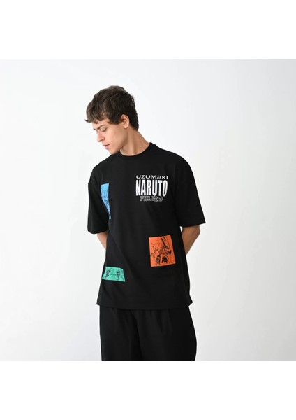 Unisex Bisiklet Yaka Baskılı Oversize T-Shirt - Siyah modelleri