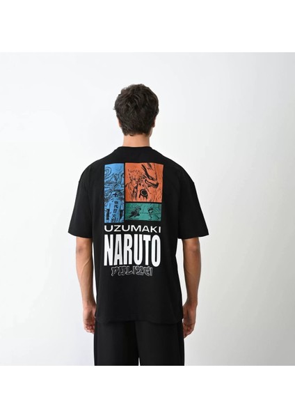 Unisex Bisiklet Yaka Baskılı Oversize T-Shirt - Siyah indirimleri