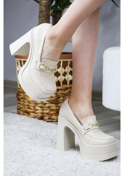 Kadın Mila Loafer Model 12 cm Platform Topuklu Ayakkabı Krem Cilt